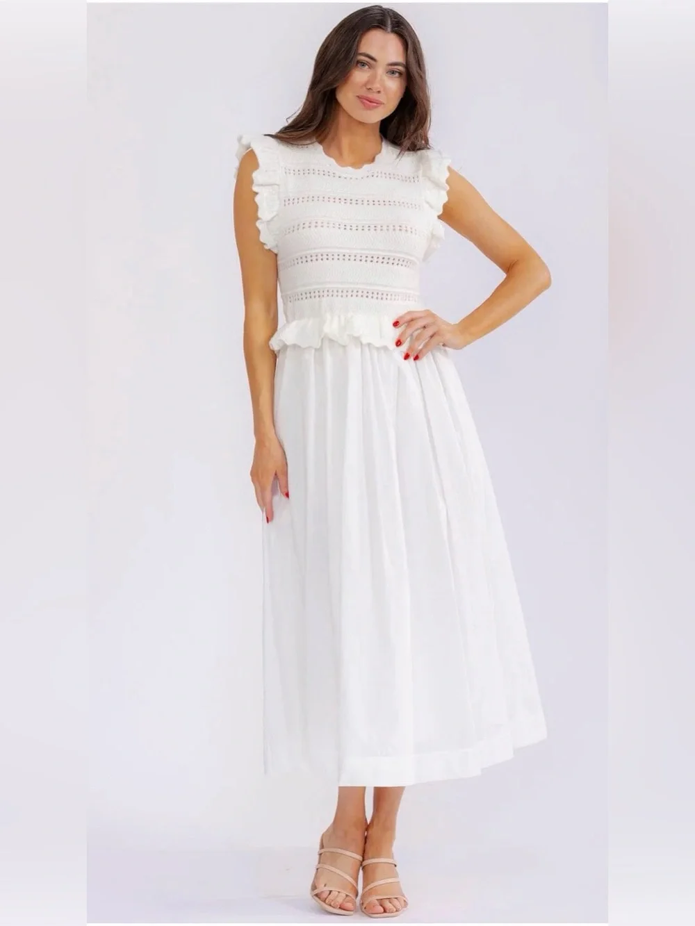 A602. Mable White Ruffled Sweater Top Midi Dress - Picture 2 of 4